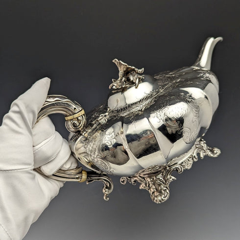 1847年 英国アンティーク 純銀製 メロン型ティーポット 696g Charles&George